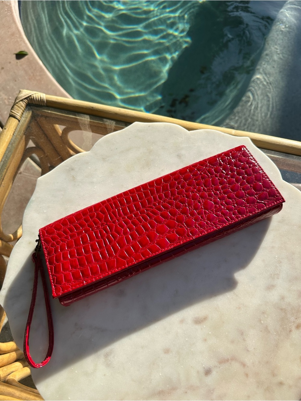 Glossy Red Croc-Embossed Wristlet Clutch